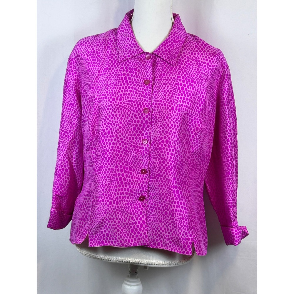 Ice Magenta Pink Print Button Down Silk Blouse Long Sleeve Collared Shirt XL